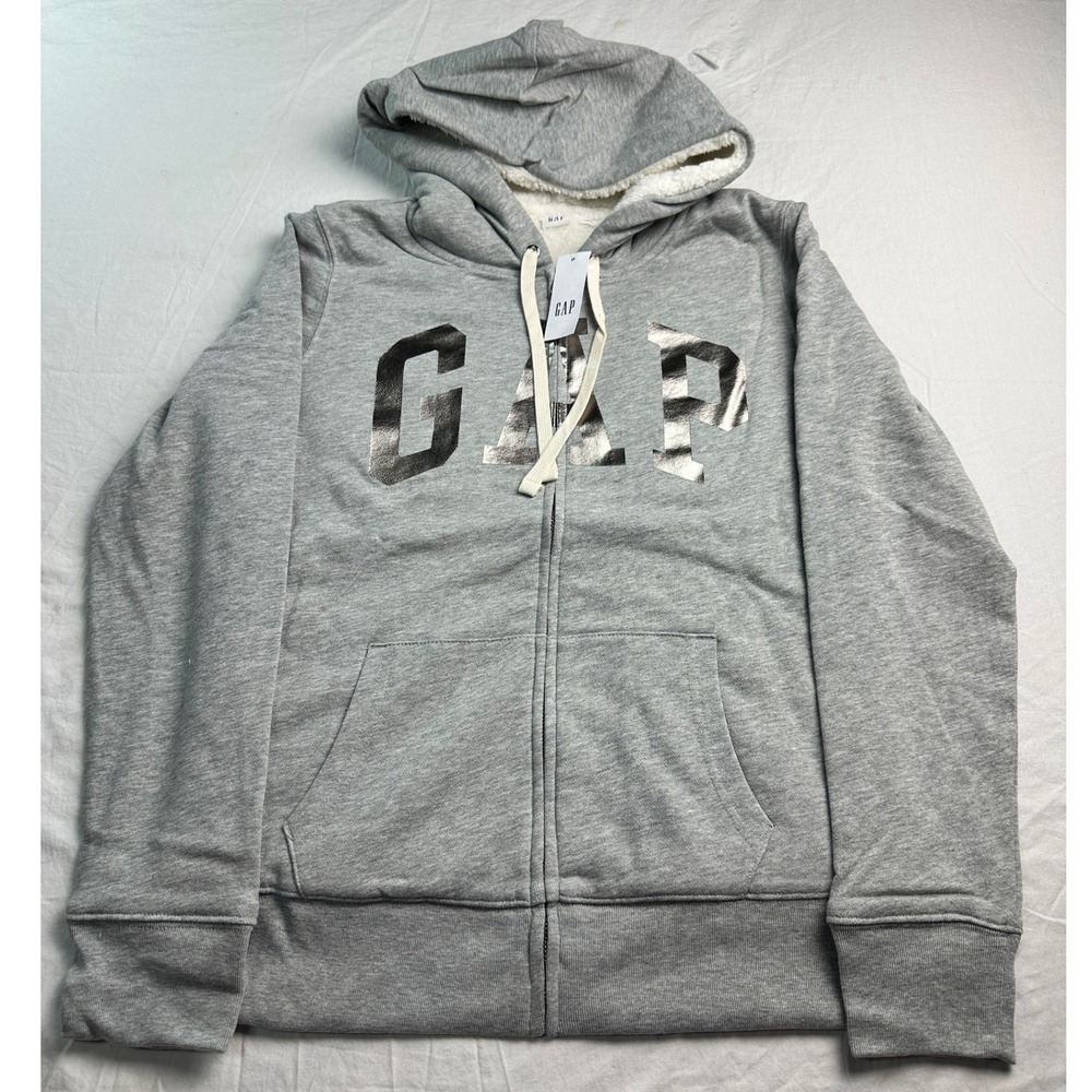 NWT Gap Womens Sherpa Lined Zip Up Hoodie Gray Metallic Silver Logo Size M NEW